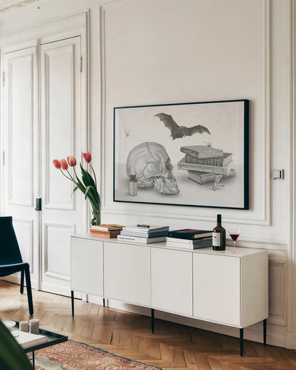 Halloween Treats II by James Wiens. shown as a framed stretched canvas in a living room above a console. Available as a archival giclee rolled canvas, fine art paper, or poster print. SKU 78885i.