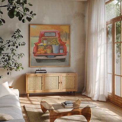 Heartland Harvest Moments I by James Wiens. Shown in a natural wood frame in a cozy modern living room. Available as an archival giclee rolled canvas, fine art paper, or poster print. SKU 41537a.