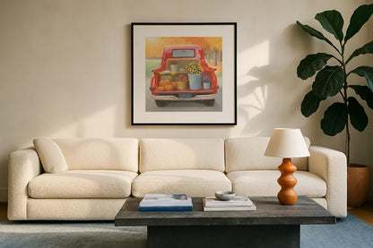 Heartland Harvest Moments I by James Wiens. Displayed in a glass frame with matte in a clean modern living room. Available as an archival giclee rolled canvas, fine art paper, or poster print. SKU 41537a.