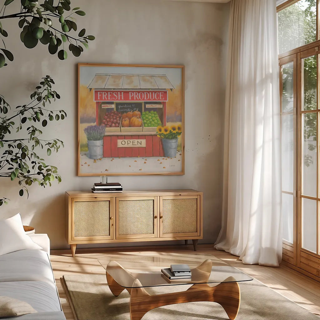 Heartland Harvest Moments II by James Wiens. Shown in a natural wood frame in a cozy modern living room. Available as an archival giclee rolled canvas, fine art paper, or poster print. SKU 41538a.