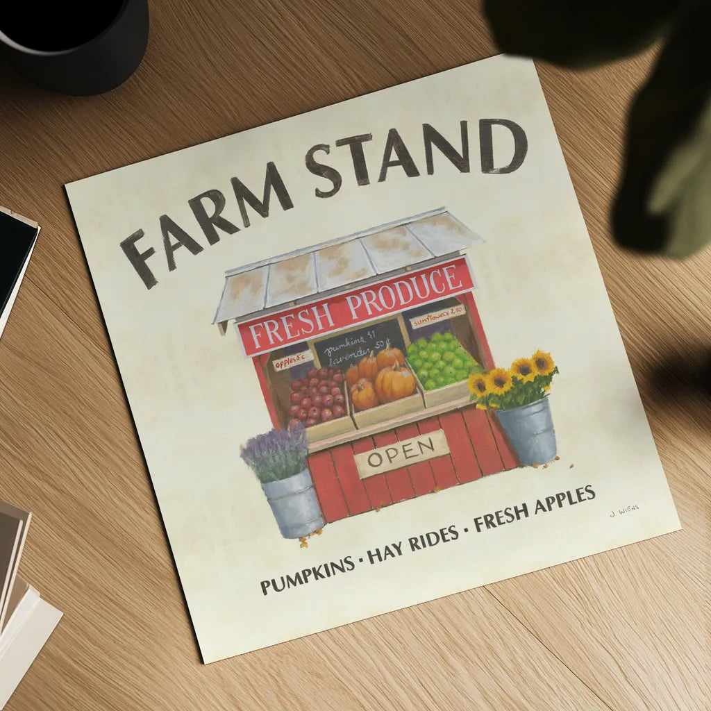 Heartland Harvest Moments II Farm Stand by James Wiens. Shown as a detailed flat fine art print, highlighting archival giclee quality. Available as an archival giclee rolled canvas, fine art paper, or poster print. SKU 79766a.