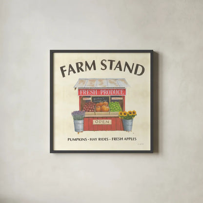 Heartland Harvest Moments II Farm Stand by James Wiens. Shown in a sleek black glass frame for a contemporary gallery look. Available as an archival giclee rolled canvas, fine art paper, or poster print. SKU 79766a.
