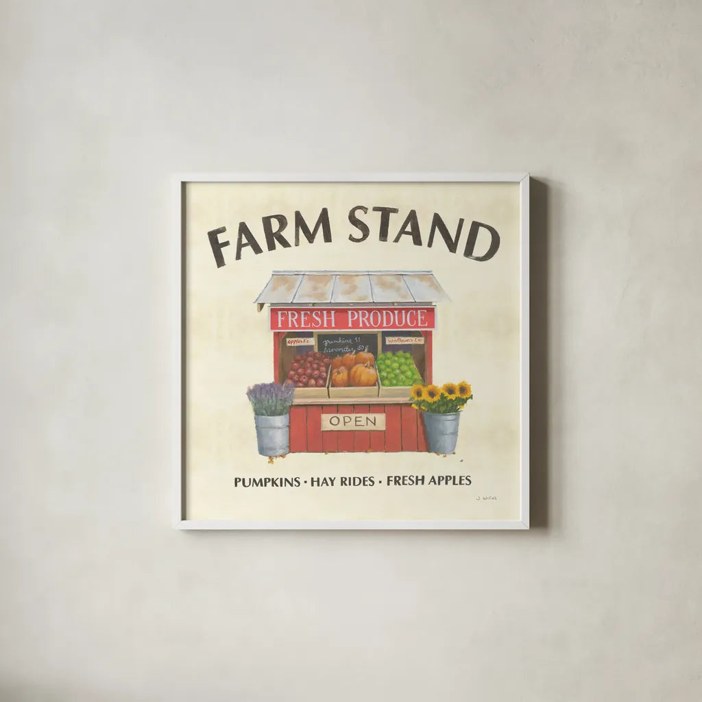 Heartland Harvest Moments II Farm Stand by James Wiens. Shown in a crisp white glass frame for a clean and minimalist style. Available as an archival giclee rolled canvas, fine art paper, or poster print. SKU 79766a.