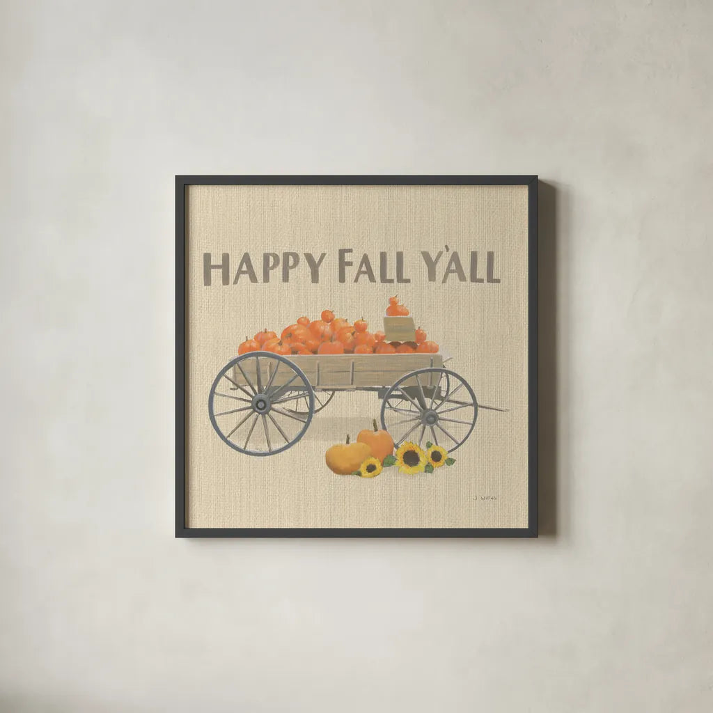 Heartland Harvest Moments IV Happy Fall by James Wiens. Shown in a sleek black glass frame for a contemporary gallery look. Available as an archival giclee rolled canvas, fine art paper, or poster print. SKU 44932a.