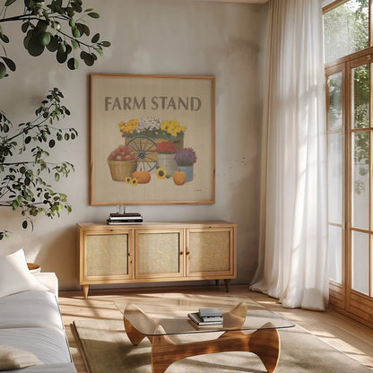 Heartland Harvest Moments VI by James Wiens. Shown in a natural wood frame in a cozy modern living room. Available as an archival giclee rolled canvas, fine art paper, or poster print. SKU 41542a.