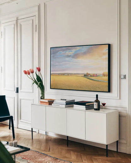 Heartland Landscape by James Wiens. shown as a framed stretched canvas in a living room above a console. Available as a archival giclee rolled canvas, fine art paper, or poster print. SKU 30854i.