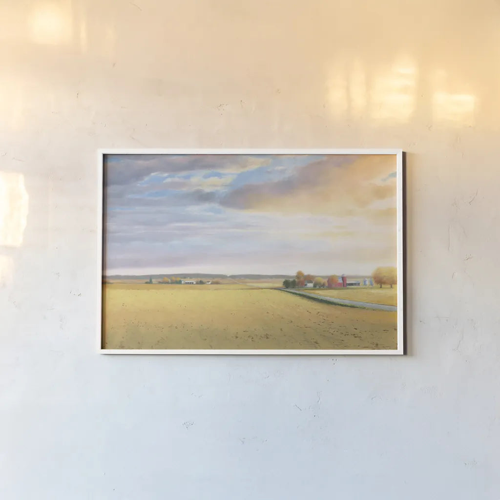 Heartland Landscape by James Wiens. shown as a paper print in a white frame. Available as a archival giclee rolled canvas, fine art paper, or poster print. SKU 30854i.