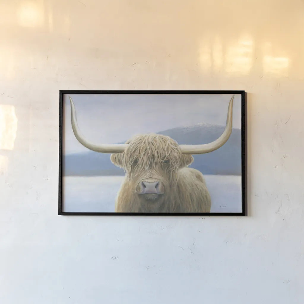 Highland Cow by James Wiens. shown as a paper print in a black flame. Available as a archival giclee rolled canvas, fine art paper, or poster print. SKU 50229i.
