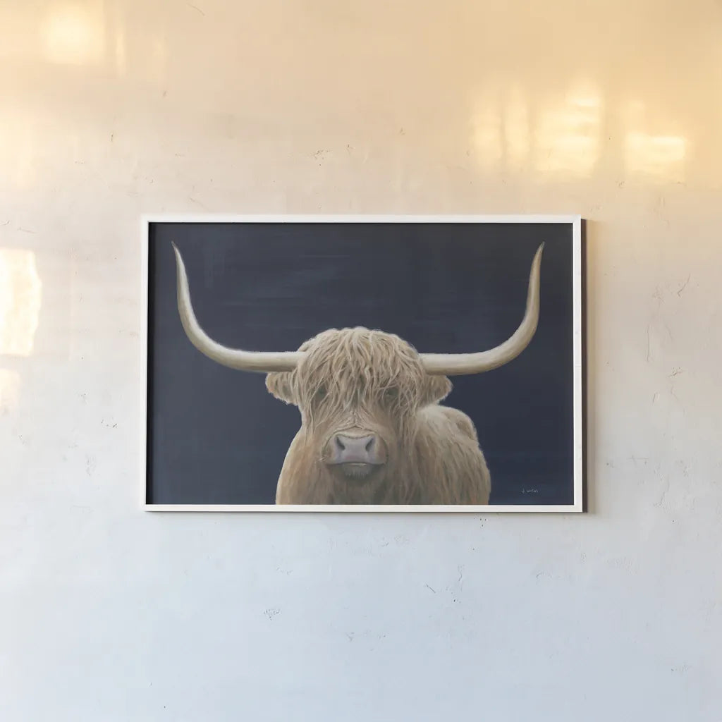 Highland Cow Navy by James Wiens. shown as a paper print in a white frame. Available as a archival giclee rolled canvas, fine art paper, or poster print. SKU 56160i.