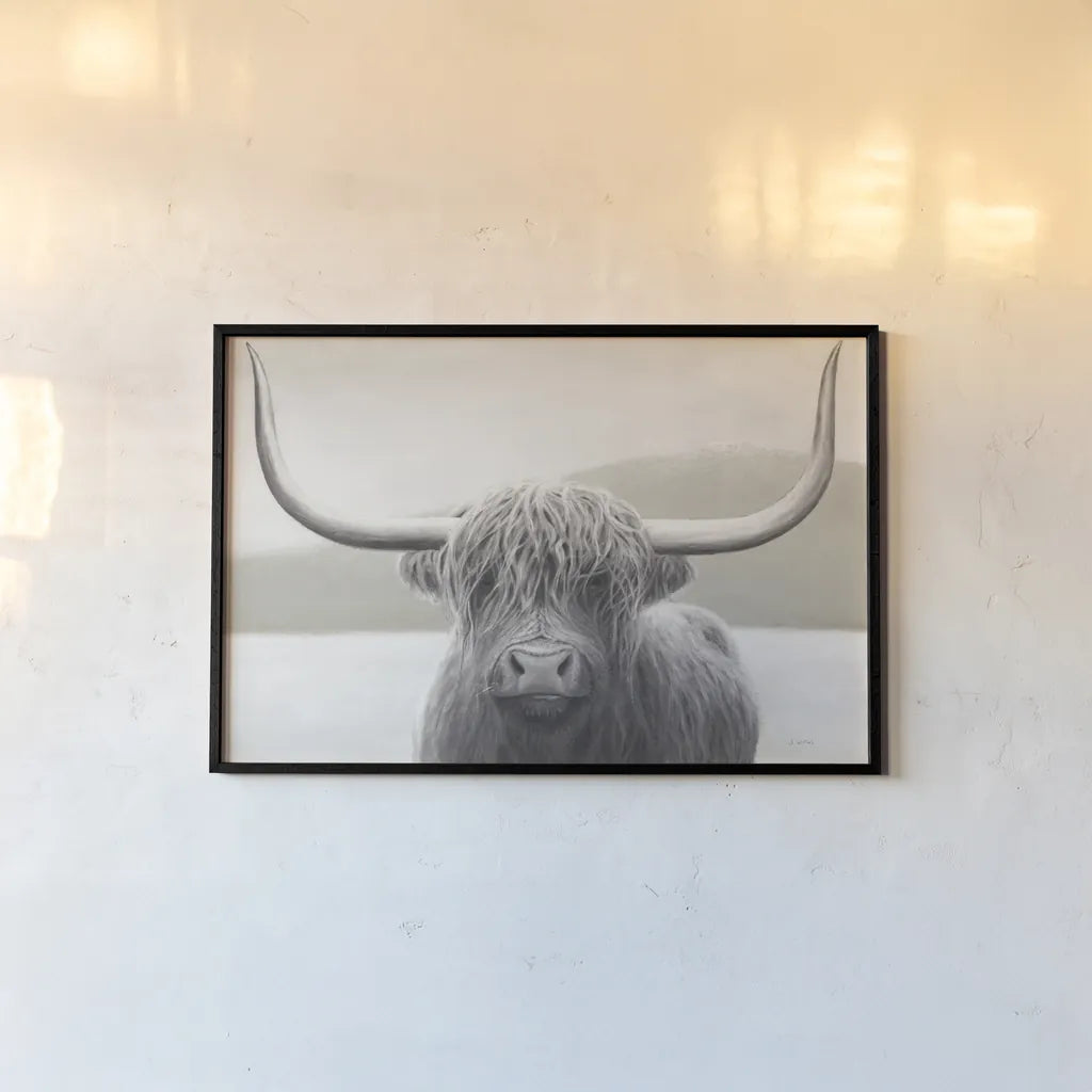 Highland Cow Neutral by James Wiens. shown as a paper print in a black flame. Available as a archival giclee rolled canvas, fine art paper, or poster print. SKU 51630i.