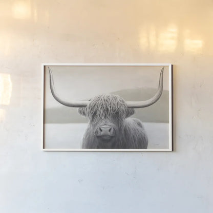 Highland Cow Neutral by James Wiens. shown as a paper print in a white frame. Available as a archival giclee rolled canvas, fine art paper, or poster print. SKU 51630i.