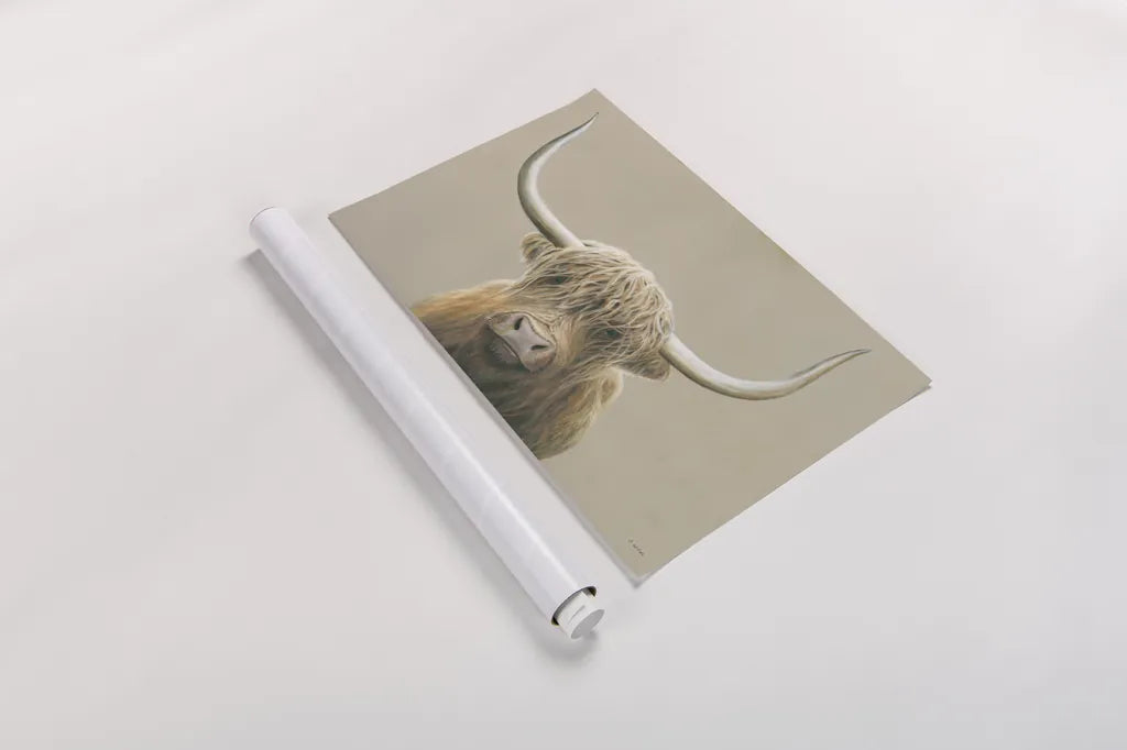 Highland Cow Neutral by James Wiens. shown as a rolled paper print. Available as archival giclee rolled canvas, fine art paper, or poster print. SKU 73113i.