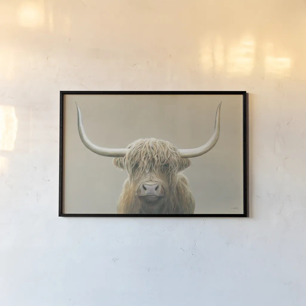 Highland Cow Neutral by James Wiens. shown as a paper print in a black flame. Available as a archival giclee rolled canvas, fine art paper, or poster print. SKU 73113i.