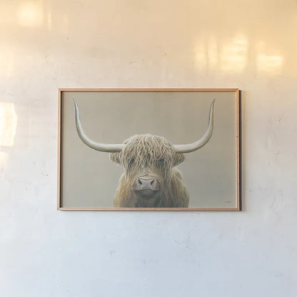 Highland Cow Neutral by James Wiens. shown as a paper print in a natural frame. Available as a archival giclee rolled canvas, fine art paper, or poster print. SKU 73113i.