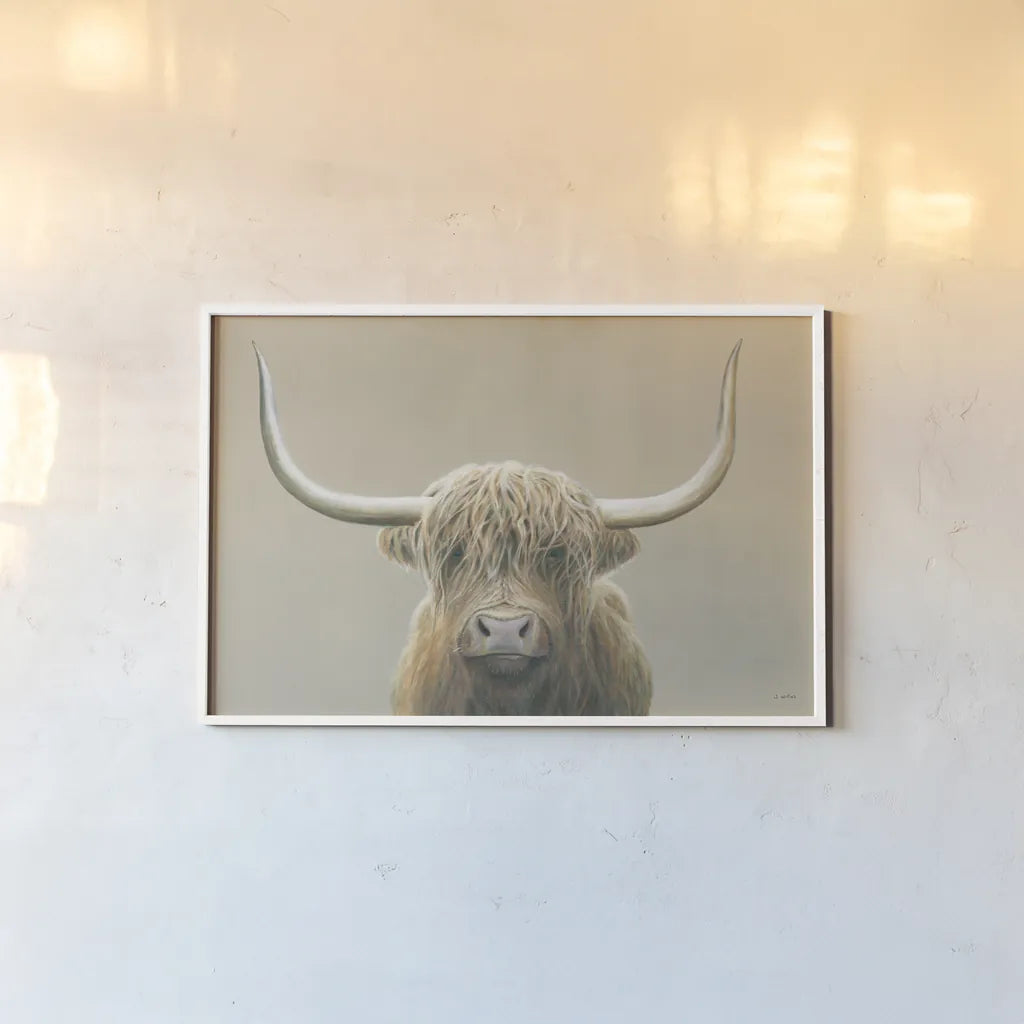 Highland Cow Neutral by James Wiens. shown as a paper print in a white frame. Available as a archival giclee rolled canvas, fine art paper, or poster print. SKU 73113i.