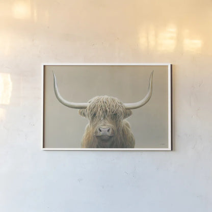 Highland Cow Neutral by James Wiens. shown as a paper print in a white frame. Available as a archival giclee rolled canvas, fine art paper, or poster print. SKU 73113i.