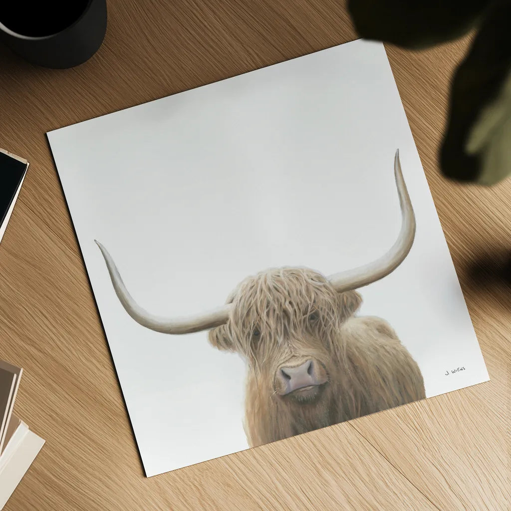 Highland Cow Sepia Sq by James Wiens. Shown as a detailed flat fine art print, highlighting archival giclee quality. Available as an archival giclee rolled canvas, fine art paper, or poster print. SKU 50231a.