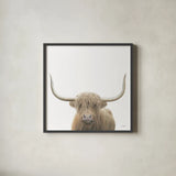 Highland Cow Sepia Sq by James Wiens. Shown in a sleek black glass frame for a contemporary gallery look. Available as an archival giclee rolled canvas, fine art paper, or poster print. SKU 50231a.