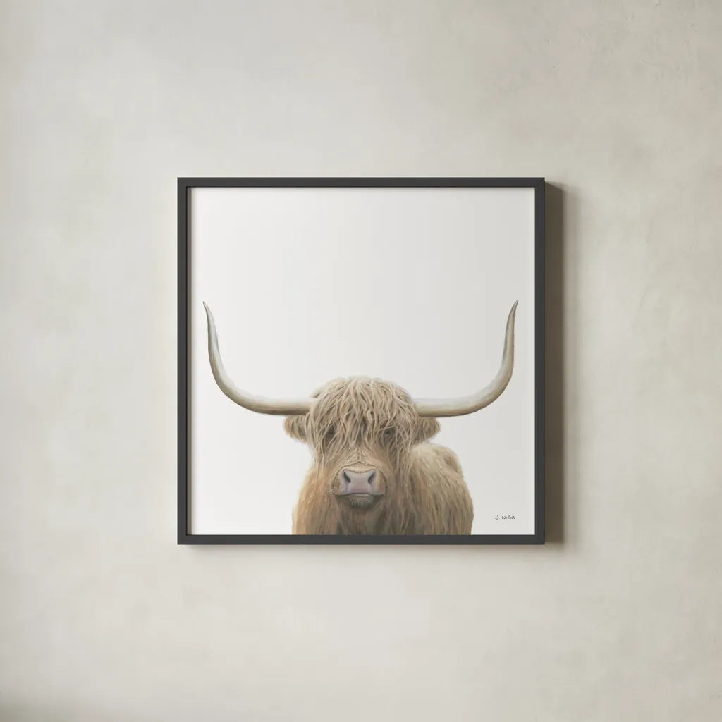 Highland Cow Sepia Sq by James Wiens. Shown in a sleek black glass frame for a contemporary gallery look. Available as an archival giclee rolled canvas, fine art paper, or poster print. SKU 50231a.