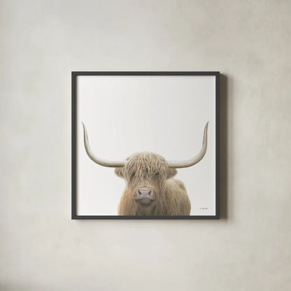 Highland Cow Sepia Sq by James Wiens. Shown in a sleek black glass frame for a contemporary gallery look. Available as an archival giclee rolled canvas, fine art paper, or poster print. SKU 50231a.