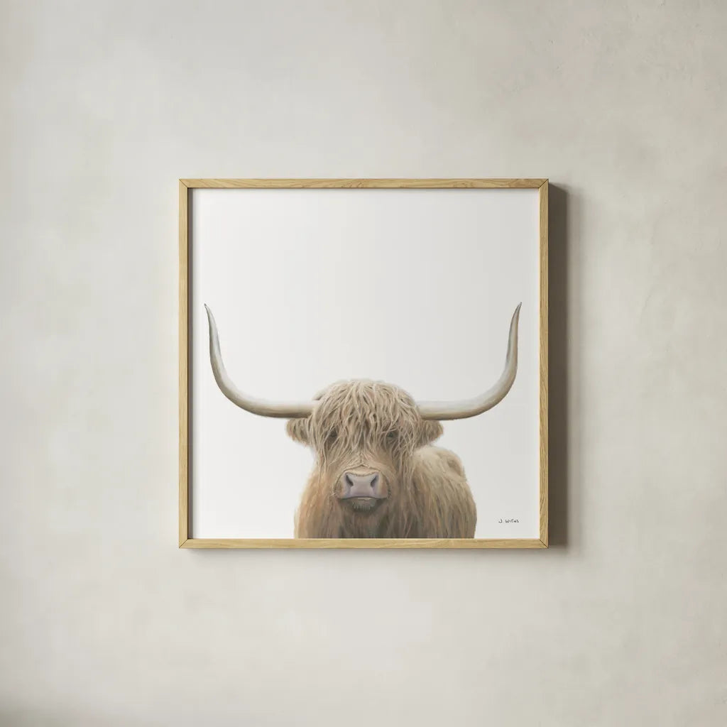 Highland Cow Sepia Sq by James Wiens. Shown in a natural wood glass frame for a timeless modern aesthetic. Available as an archival giclee rolled canvas, fine art paper, or poster print. SKU 50231a.