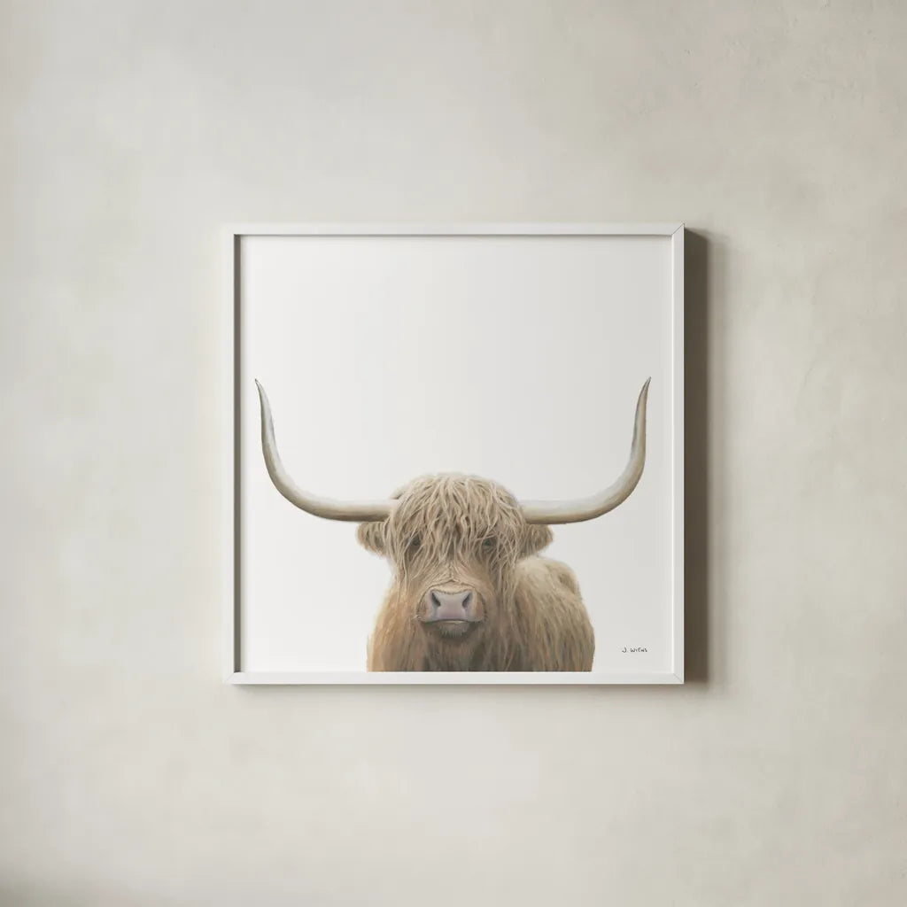 Highland Cow Sepia Sq by James Wiens. Shown in a crisp white glass frame for a clean and minimalist style. Available as an archival giclee rolled canvas, fine art paper, or poster print. SKU 50231a.