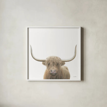 Highland Cow Sepia Sq by James Wiens. Shown in a crisp white glass frame for a clean and minimalist style. Available as an archival giclee rolled canvas, fine art paper, or poster print. SKU 50231a.