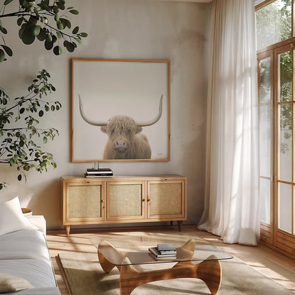 Highland Cow Sepia Sq by James Wiens. Shown in a natural wood frame in a cozy modern living room. Available as an archival giclee rolled canvas, fine art paper, or poster print. SKU 50231a.