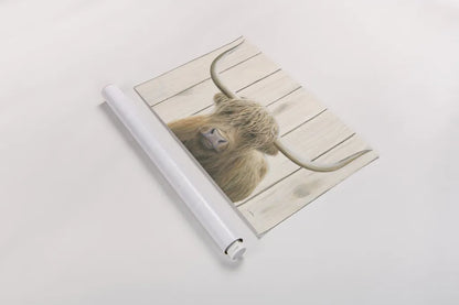 Highland Cow Shiplap by James Wiens. shown as a rolled paper print. Available as archival giclee rolled canvas, fine art paper, or poster print. SKU 52459i.