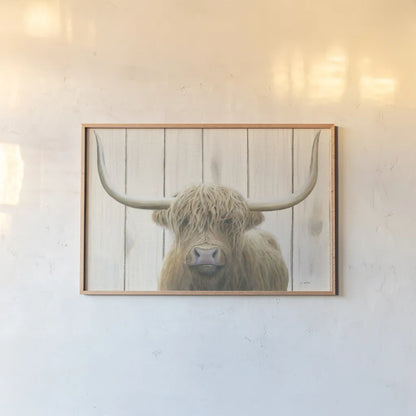Highland Cow Shiplap by James Wiens. shown as a paper print in a natural frame. Available as a archival giclee rolled canvas, fine art paper, or poster print. SKU 52459i.
