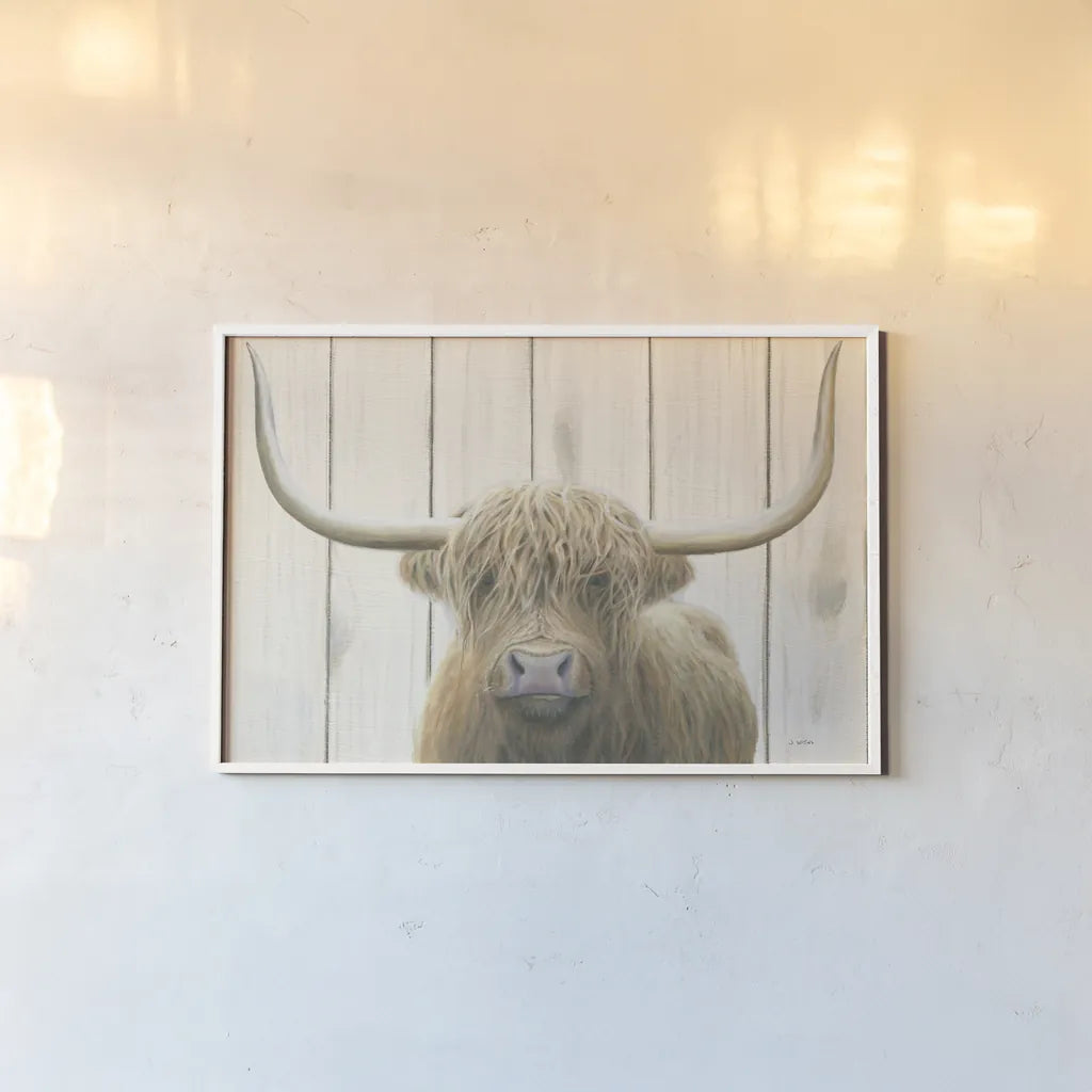 Highland Cow Shiplap by James Wiens. shown as a paper print in a white frame. Available as a archival giclee rolled canvas, fine art paper, or poster print. SKU 52459i.