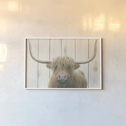 Highland Cow Shiplap by James Wiens. shown as a paper print in a white frame. Available as a archival giclee rolled canvas, fine art paper, or poster print. SKU 52459i.