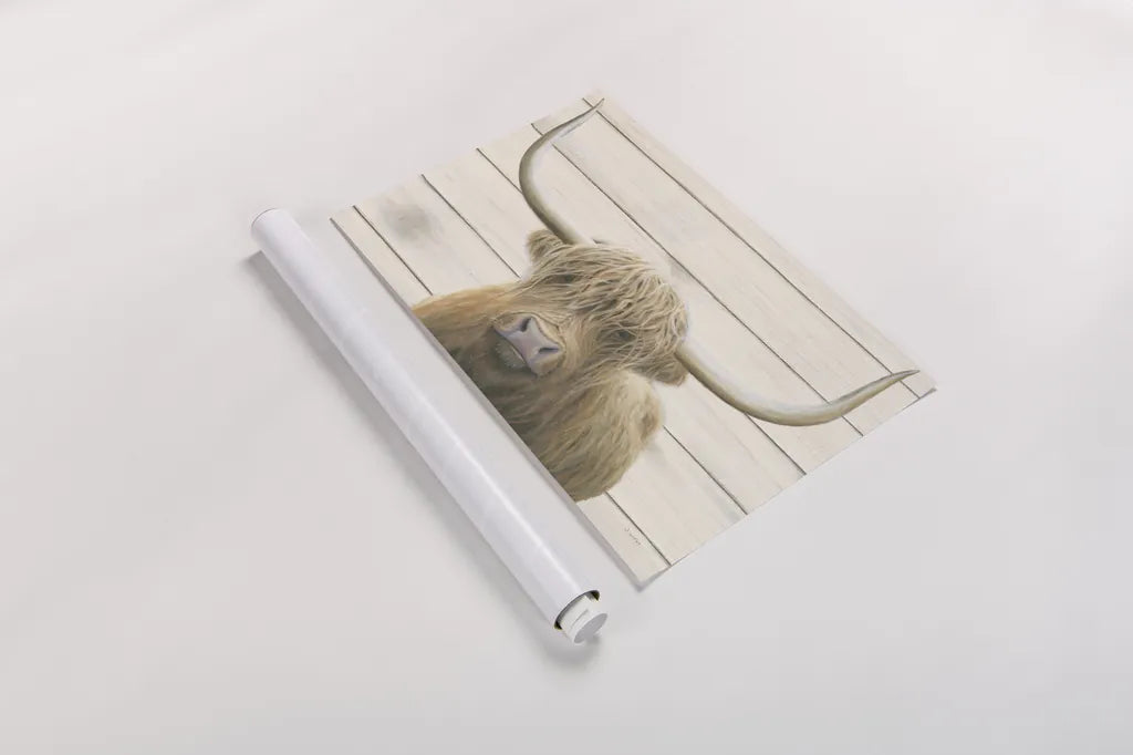 Highland Cow Shiplap v2 by James Wiens. shown as a rolled paper print. Available as archival giclee rolled canvas, fine art paper, or poster print. SKU 52844i.