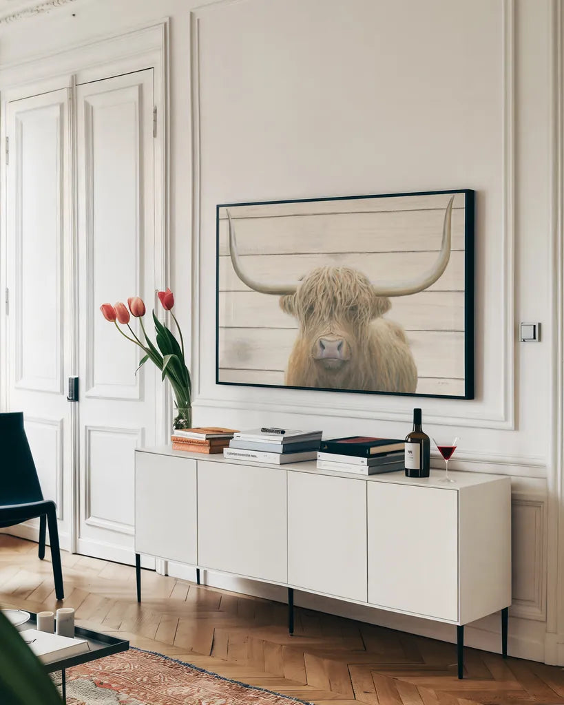 Highland Cow Shiplap v2 by James Wiens. shown as a framed stretched canvas in a living room above a console. Available as a archival giclee rolled canvas, fine art paper, or poster print. SKU 52844i.