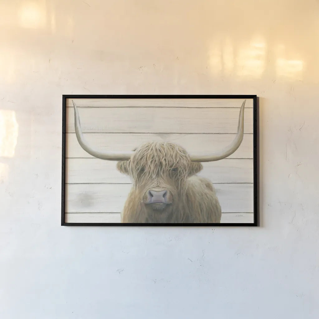 Highland Cow Shiplap v2 by James Wiens. shown as a paper print in a black flame. Available as a archival giclee rolled canvas, fine art paper, or poster print. SKU 52844i.