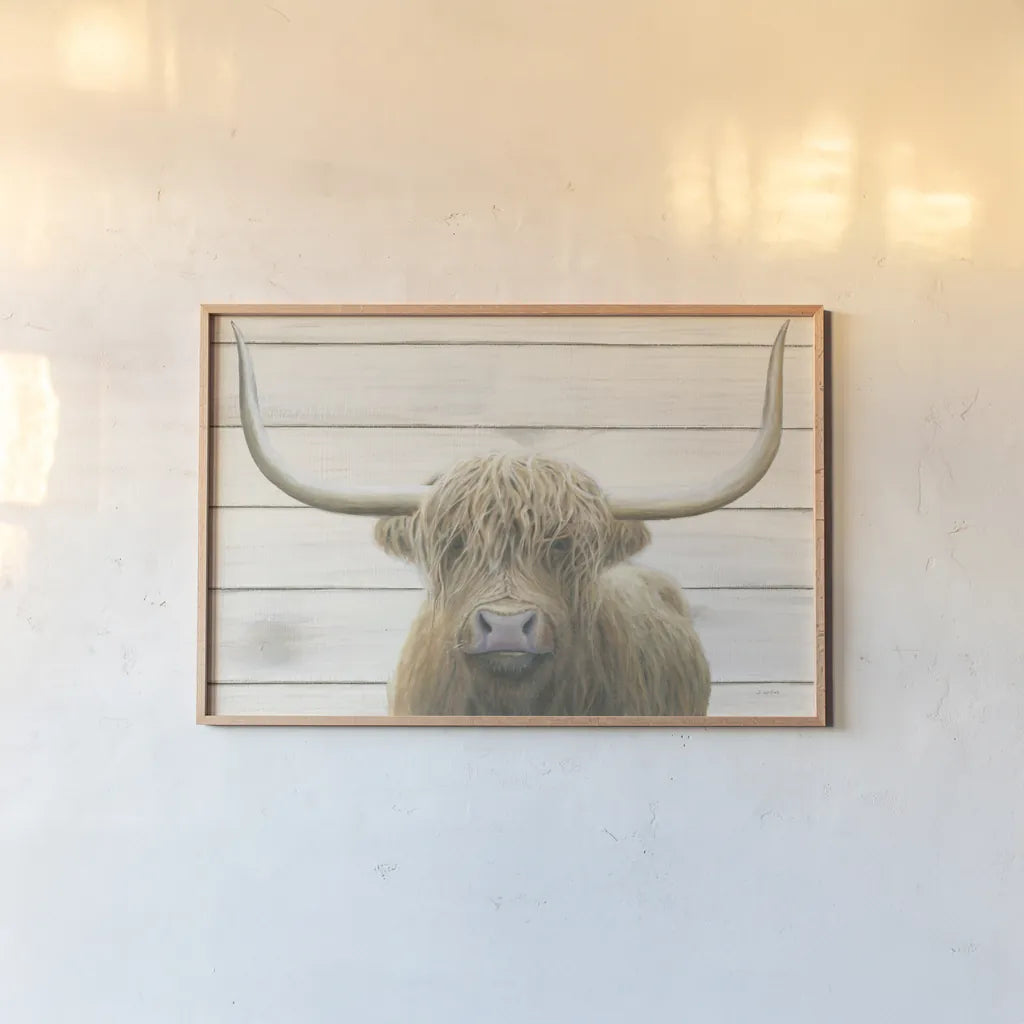 Highland Cow Shiplap v2 by James Wiens. shown as a paper print in a natural frame. Available as a archival giclee rolled canvas, fine art paper, or poster print. SKU 52844i.
