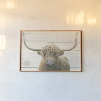 Highland Cow Shiplap v2 by James Wiens. shown as a paper print in a natural frame. Available as a archival giclee rolled canvas, fine art paper, or poster print. SKU 52844i.
