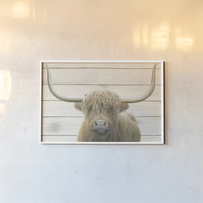 Highland Cow Shiplap v2 by James Wiens. shown as a paper print in a white frame. Available as a archival giclee rolled canvas, fine art paper, or poster print. SKU 52844i.