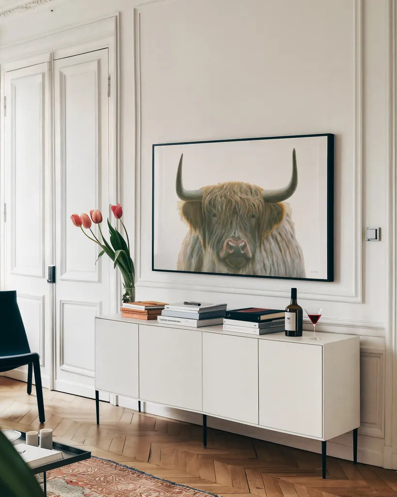 Highlander by James Wiens. shown as a framed stretched canvas in a living room above a console. Available as a archival giclee rolled canvas, fine art paper, or poster print. SKU 56447i.
