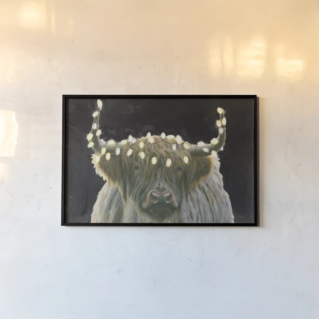 Holiday Highlander BW by James Wiens. shown as a paper print in a black flame. Available as a archival giclee rolled canvas, fine art paper, or poster print. SKU 81956i.