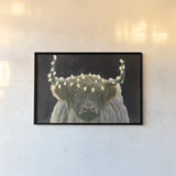Holiday Highlander BW by James Wiens. shown as a paper print in a black flame. Available as a archival giclee rolled canvas, fine art paper, or poster print. SKU 81956i.