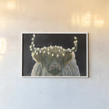 Holiday Highlander BW by James Wiens. shown as a paper print in a white frame. Available as a archival giclee rolled canvas, fine art paper, or poster print. SKU 81956i.