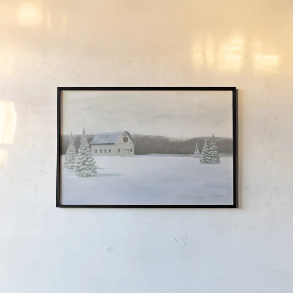 Holiday Winter Barn by James Wiens. shown as a paper print in a black flame. Available as a archival giclee rolled canvas, fine art paper, or poster print. SKU 75657i.