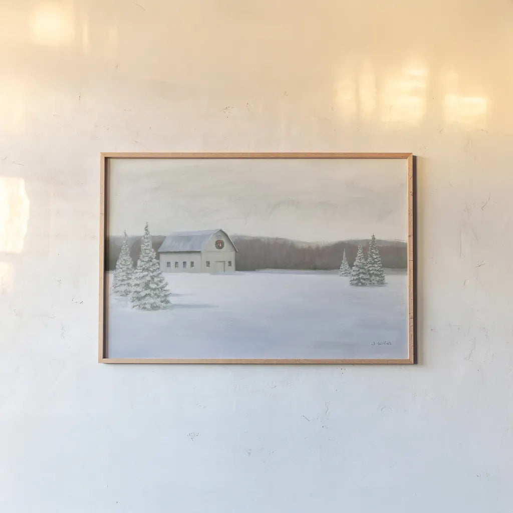 Holiday Winter Barn by James Wiens. shown as a paper print in a natural frame. Available as a archival giclee rolled canvas, fine art paper, or poster print. SKU 75657i.
