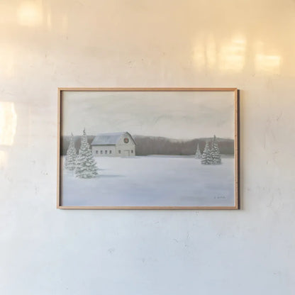Holiday Winter Barn by James Wiens. shown as a paper print in a natural frame. Available as a archival giclee rolled canvas, fine art paper, or poster print. SKU 75657i.