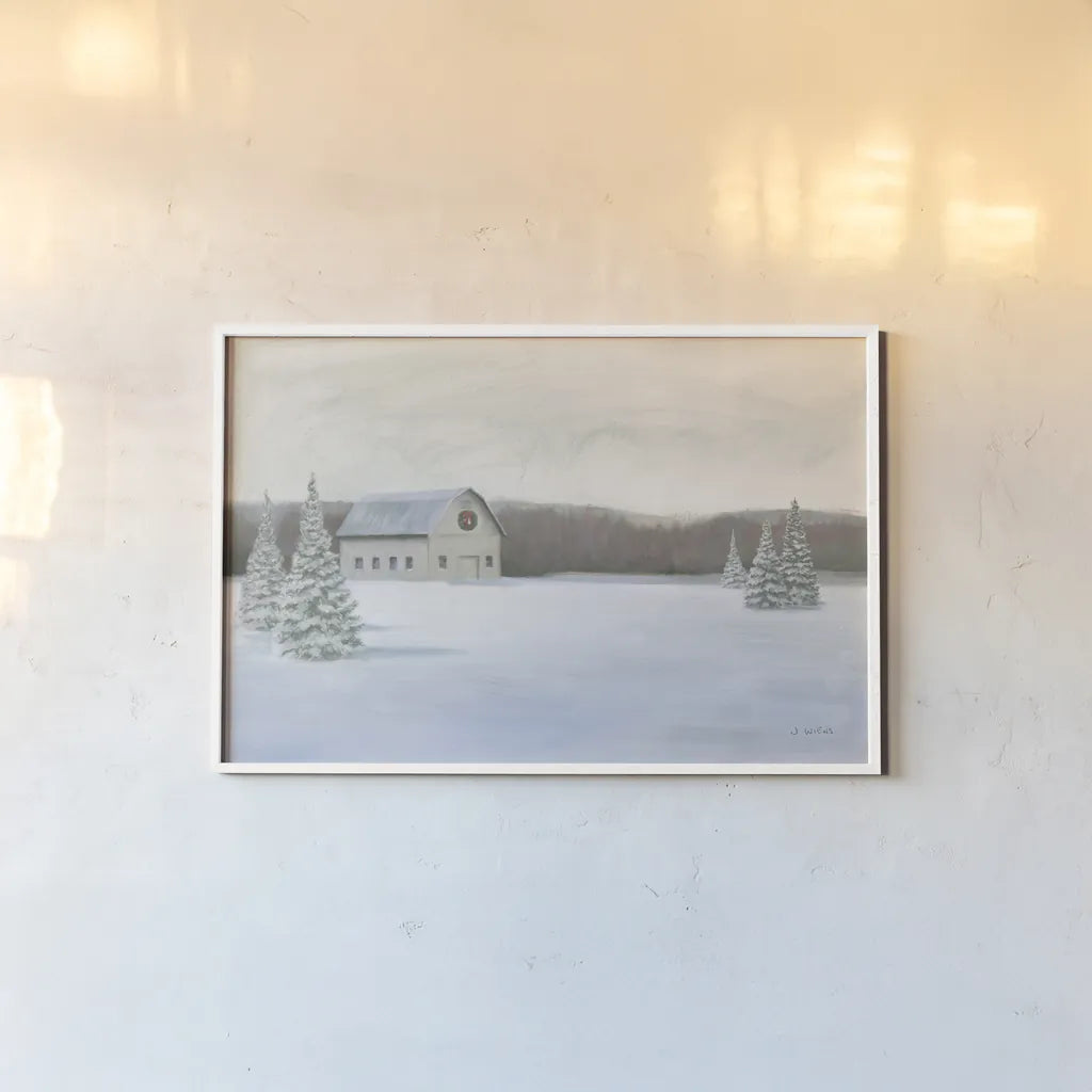 Holiday Winter Barn by James Wiens. shown as a paper print in a white frame. Available as a archival giclee rolled canvas, fine art paper, or poster print. SKU 75657i.