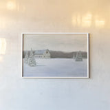 Holiday Winter Barn by James Wiens. shown as a paper print in a white frame. Available as a archival giclee rolled canvas, fine art paper, or poster print. SKU 75657i.