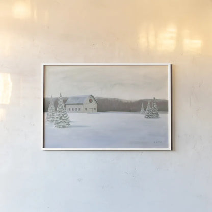 Holiday Winter Barn by James Wiens. shown as a paper print in a white frame. Available as a archival giclee rolled canvas, fine art paper, or poster print. SKU 75657i.