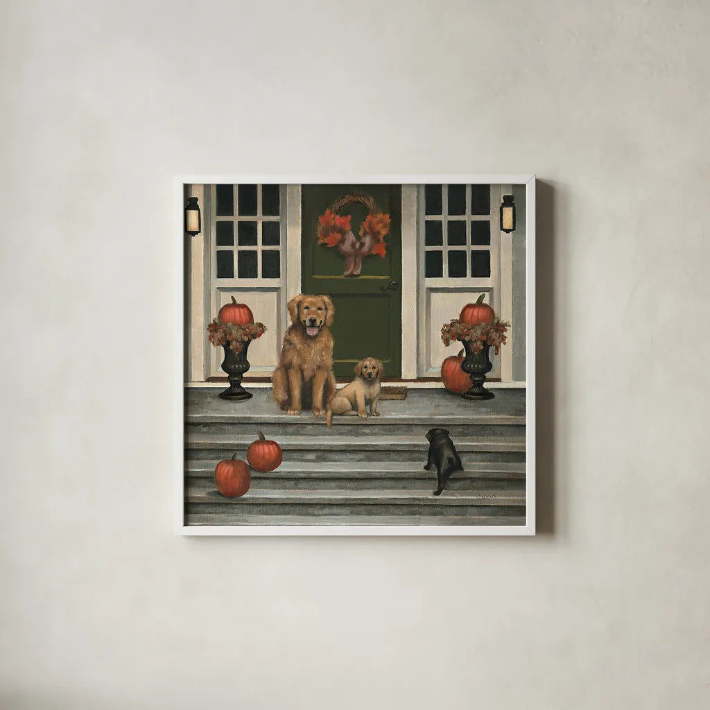 Home Welcoming by James Wiens. Shown in a crisp white glass frame for a clean and minimalist style. Available as an archival giclee rolled canvas, fine art paper, or poster print. SKU 19504a.