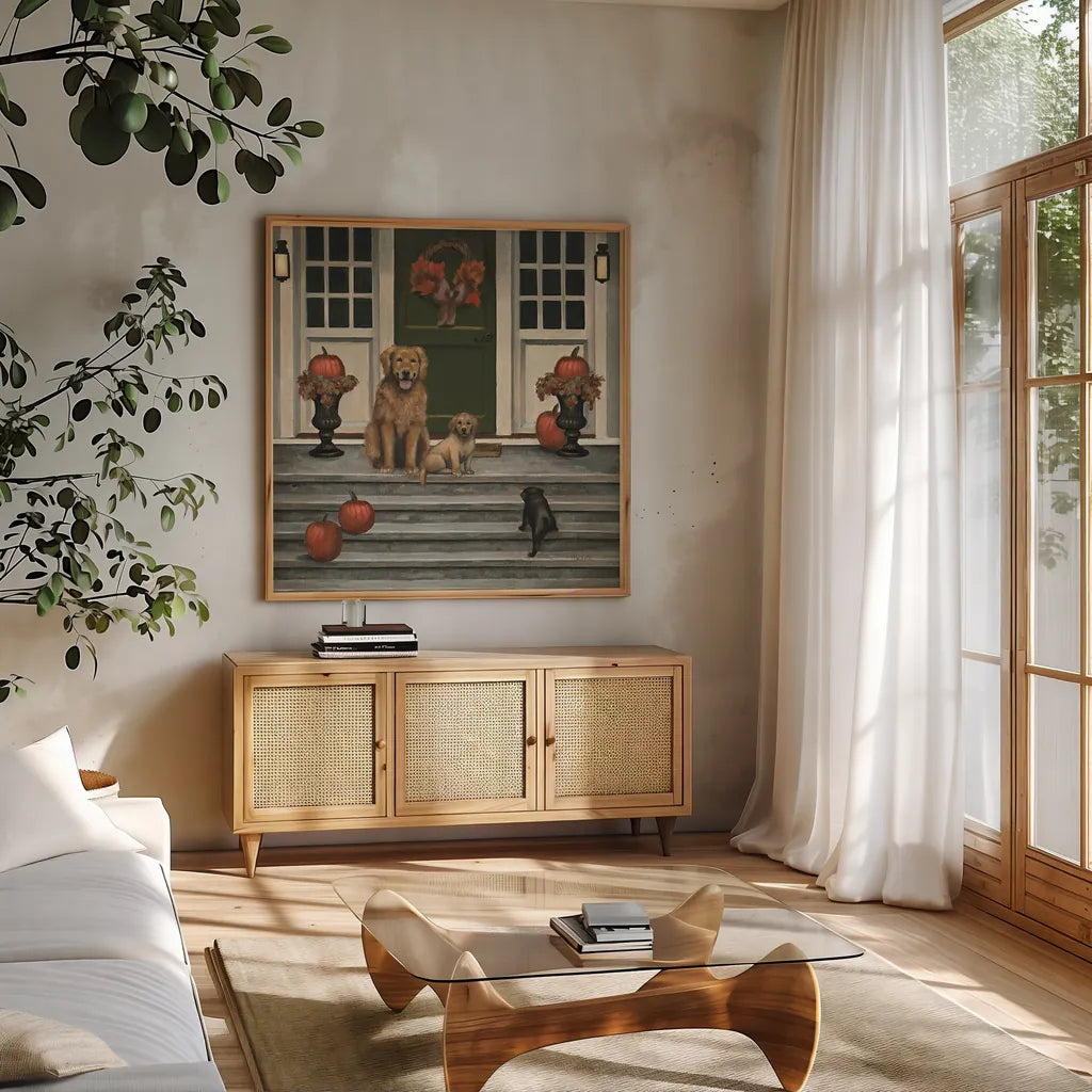 Home Welcoming by James Wiens. Shown in a natural wood frame in a cozy modern living room. Available as an archival giclee rolled canvas, fine art paper, or poster print. SKU 19504a.